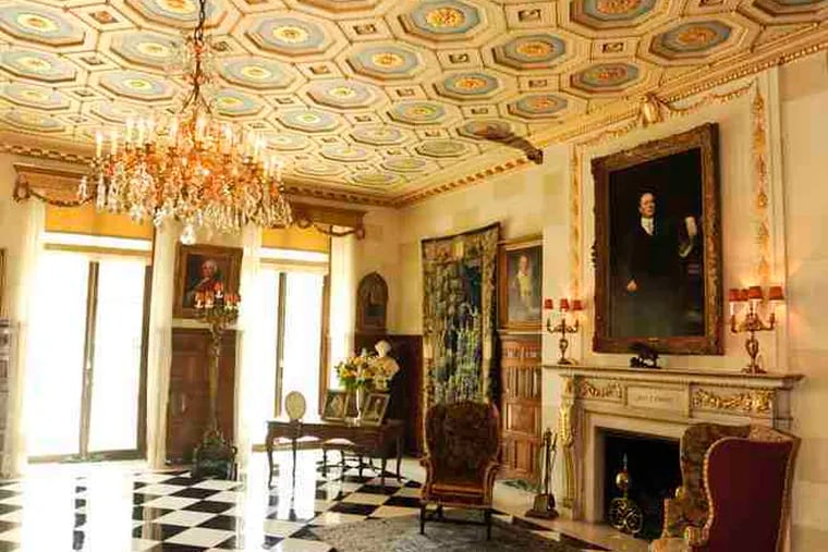 Right, the drawing room of Alfred I. duPont's French-style estate, with marble floors, inlaid wood, and gilt ceiling.