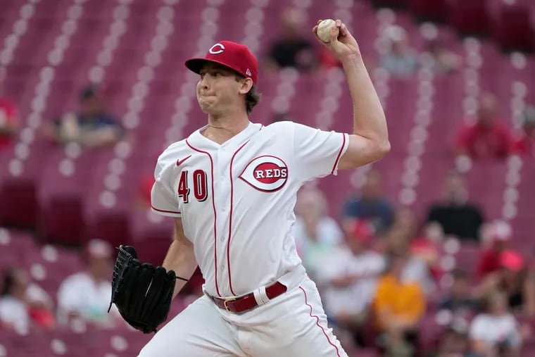 Cincinnati Reds starting pitcher Nick Lodolo faced the Phillies on Saturday and struck out a career-high 12 batters in seven shutout innings in Philadelphia. Lodolo will oppose the Phillies again Thursday, this time in Cincinnati. (Photo by Dylan Buell/Getty Images)