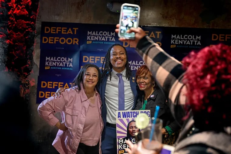 State Rep. Malcolm Kenyatta poses for selfies with supporters following his victory speech at a party at the Divine Lorraine Hotel Tuesday, Apr. 23, 2024, after he won the Democratic primary election for auditor general.