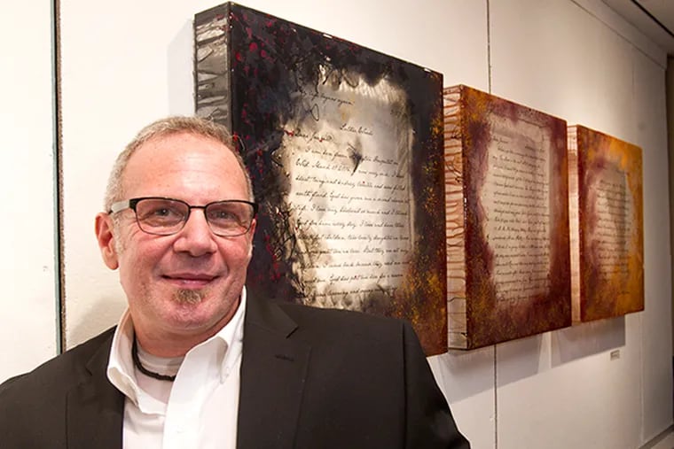 Ed Graziano with his student work, “Revelations,” which went on exhibit last week at the University of the Arts’ Art Unleashed exhibit. His longterm aim is a gallery in Hawaii. (CHARLES FOX / Staff Photographer)