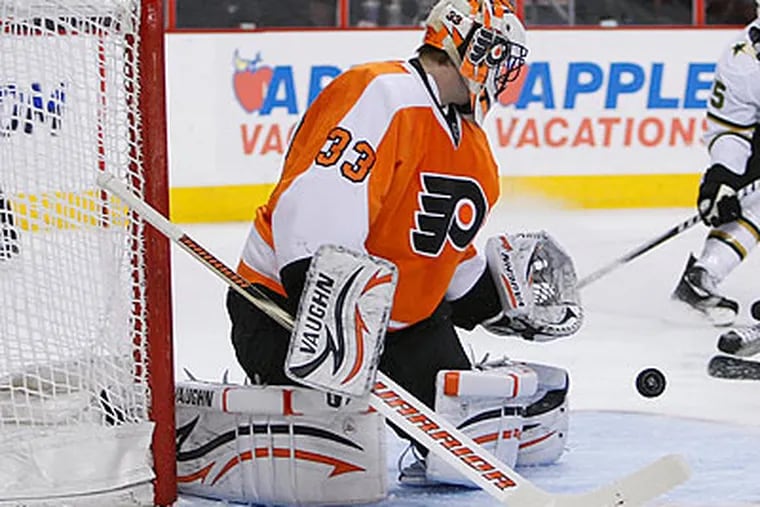 Brian Boucher (above) and Sergei Bobrovsky have split time in net for the Flyers this season. (Ron Cortes/Staff file photo)