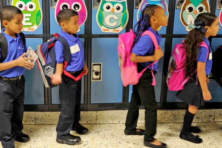 First graders line up on the first day of classes at North Camden Elementary, the city's first Mastery Charter School.