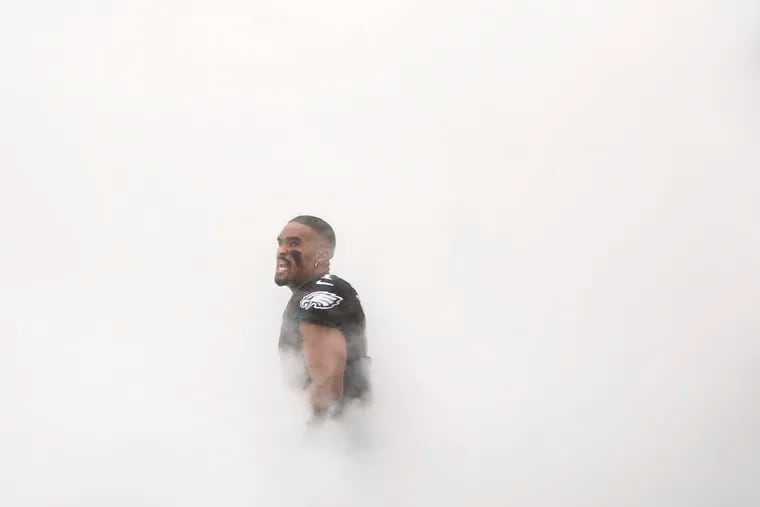 Philadelphia Eagles quarterback Jalen Hurts (1) takes the field during the player introductions at the Philadelphia Eagles game against the New Orleans Saints at Lincoln Financial Field in Philadelphia on Sunday, Nov. 21, 2021.
