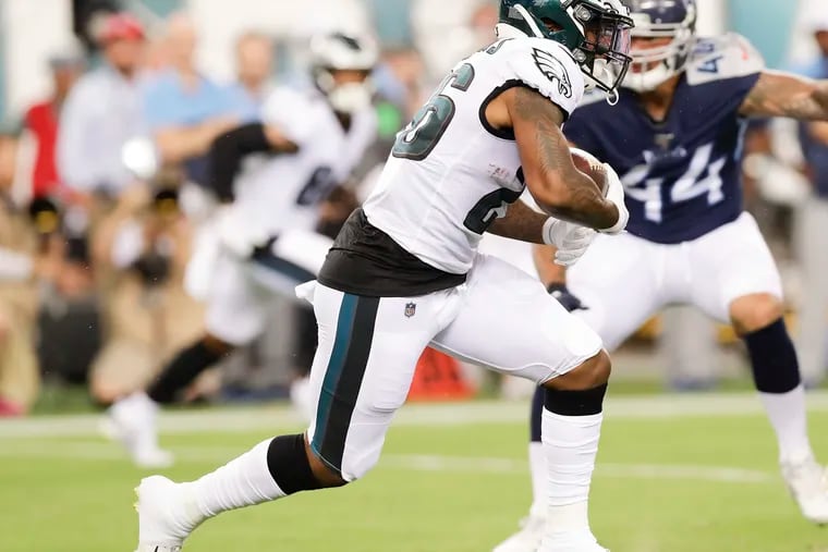 Eagles running back Miles Sanders runs with the football against the Tennessee Titans in a preseason game on Thursday, August 8, 2019 in Philadelphia.