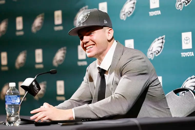 Eagles second-round pick Cooper DeJean smiles meeting with the media during a introduction press conference at the NovaCare Complex in South Philadelphia on Saturday, April 27, 2024.