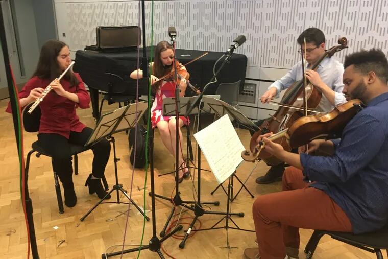 Curtis Institute students in the Mozart Flute Quartet rehearse May 25, 2017, in London during a sound check for the BBC3 broadcast of the program “In Tune.”  left to right: Lydia Roth, Maria Ioudenitch, Joshua Halpern, and Michael Casimir.