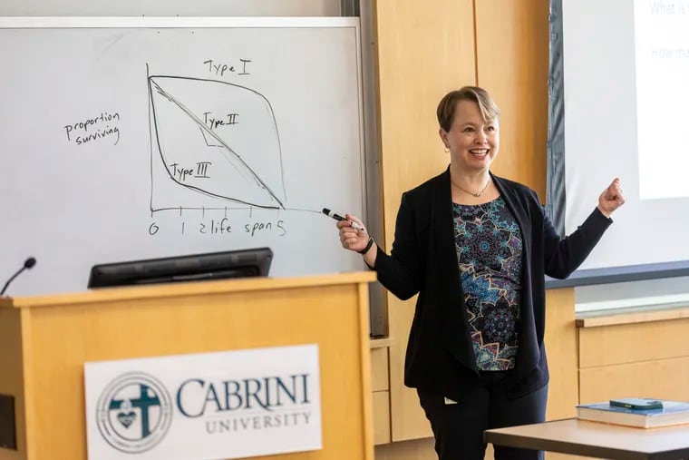 Professor Carrie Nielsen, 48, conducts an exam review for her BIO 102 class at Cabrini University on April 25. Nielsen is a professor in Biology and Environmental Science.