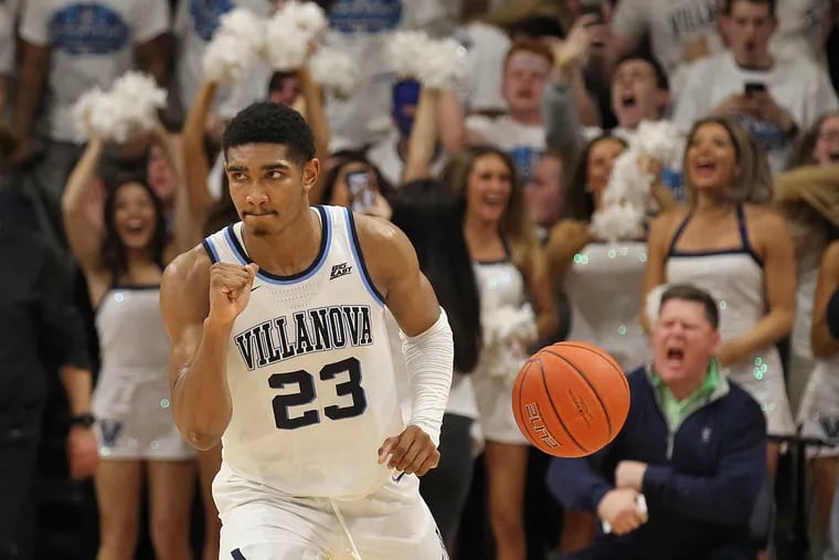 Jermaine Samuels of Villanova celebrates as time expires in their victory over Marquette at Finneran Pavilion on Feb. 27, 2019.