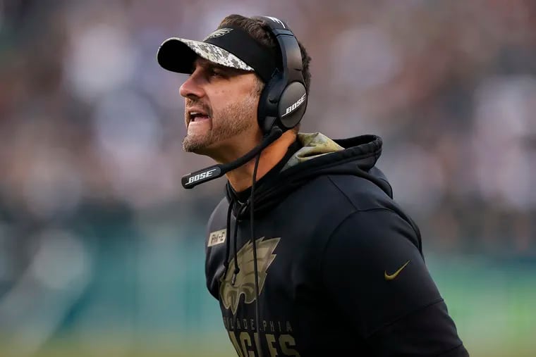 Eagles Head Coach Nick Sirianni yells against the Los Angeles Chargers on Sunday, November 7, 2021 in Philadelphia.