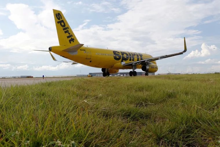 A Spirit Airlines plane, shown at DFW International Airport in Dallas in 2017.