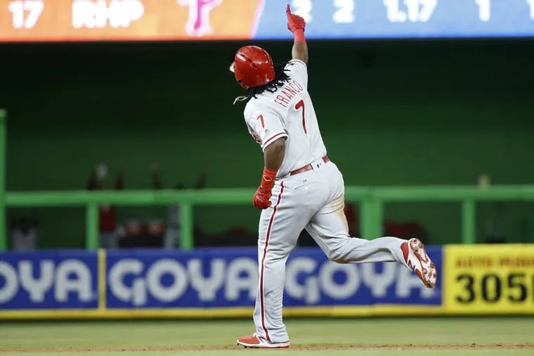 The Phillies' Maikel Franco celebrates as he rounds second base after hitting a home run  Tuesday in Miami.