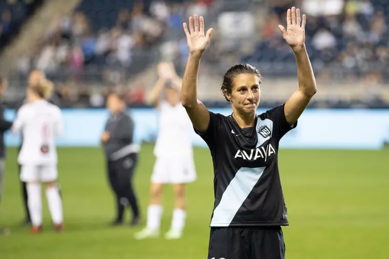 Carli Lloyd saluting the crowd at her NWSL homecoming game with Gotham FC at Subaru Park on Oct. 6.