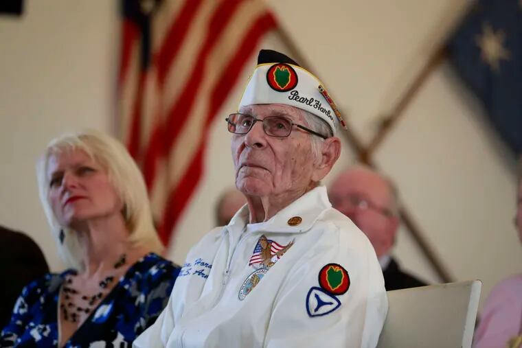 Pearl Harbor survivor Alex Horanzy, 93, of Northeast Philadelphia, participates in a memorial service at the Valley Forge Chapel of the Four Fathers.