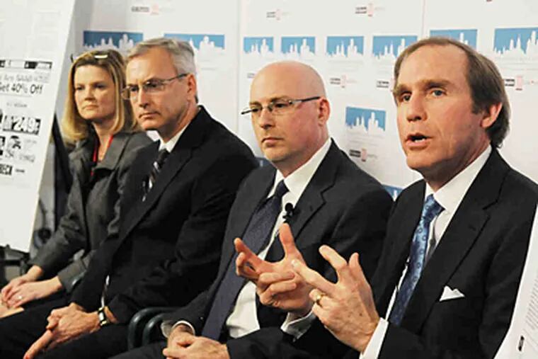 At the news conference were (from left) Wendy Warren, vice president of content and editor of Philly.com; Inquirer editor Stan Wischnowski; Daily News editor Larry Platt; and Gregory J. Osberg, publisher and CEO of Philadelphia Media Network.