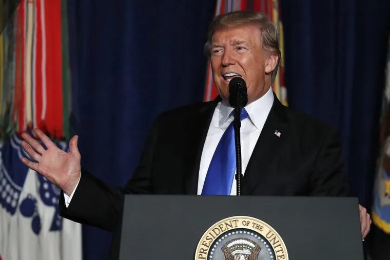President Donald Trump speaks at Fort Myer in Arlington Va., Monday, Aug. 21, 2017, during a Presidential Address to the Nation about a strategy he believes will best position the U.S. to eventually declare victory in Afghanistan. (AP Photo/Carolyn Kaster)