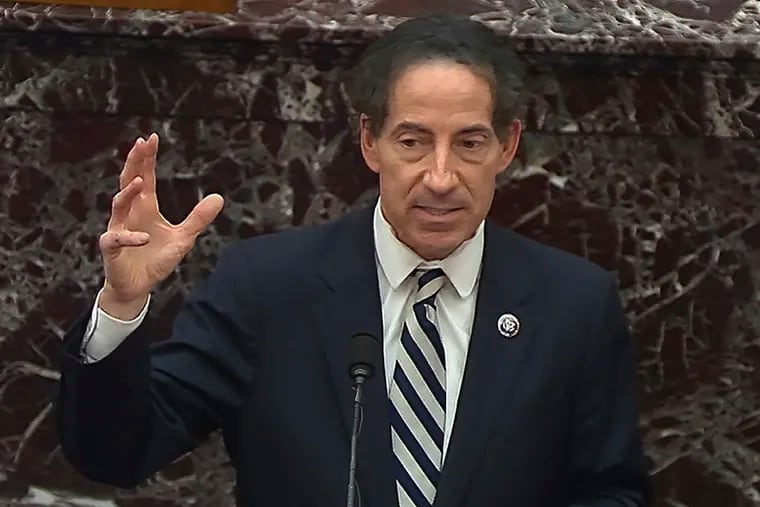 In this image from video, House impeachment manager Rep. Jamie Raskin speaks during the second impeachment trial of former President Donald Trump in the Senate at the U.S. Capitol in Washington, Thursday, Feb. 11, 2021.