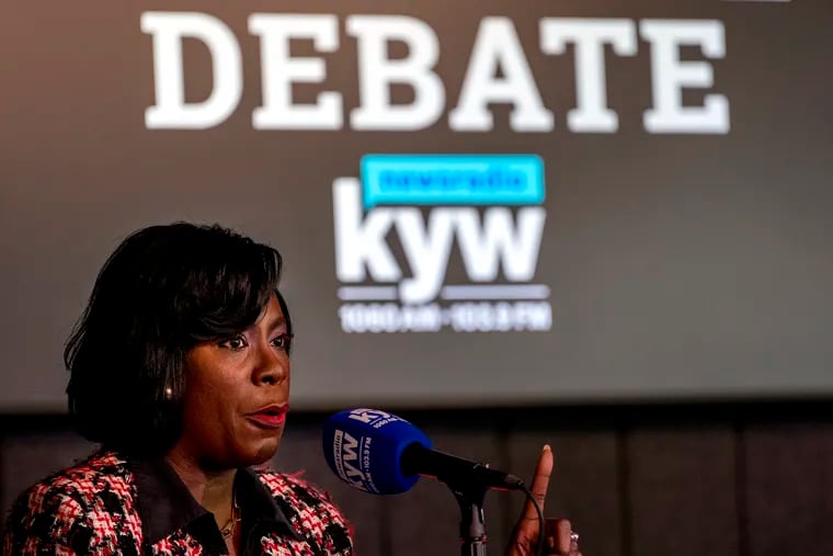 Cherelle Parker speaks during her debate with David Oh on KYW Newsradio on Thursday, in what is the only scheduled mayoral debate of the election cycle .