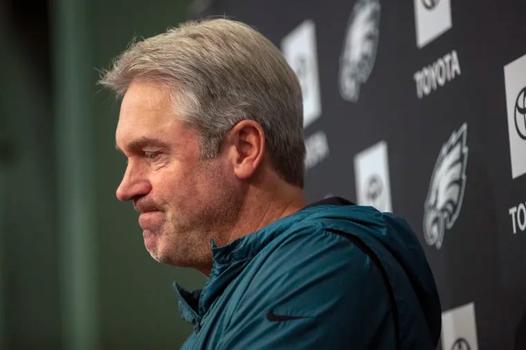 Eagles head coach Doug Pederson reacts to a question during his press conference at the NovaCare Center, the day after the defeat in Dallas, October 21, 2019.