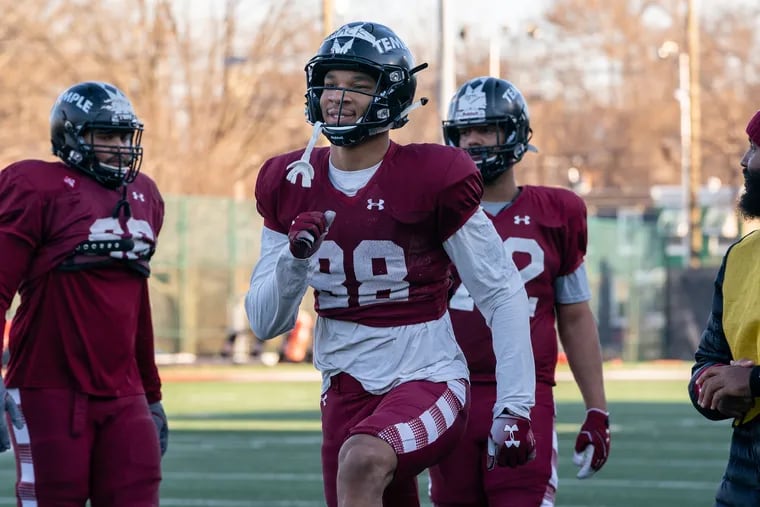 Brandon Mack, #88 Wide Receiver, shown here during Temple football practice, at Edberg Olson Hall, at Temple University, in Philadelphia, Tuesday March 19, 2019.