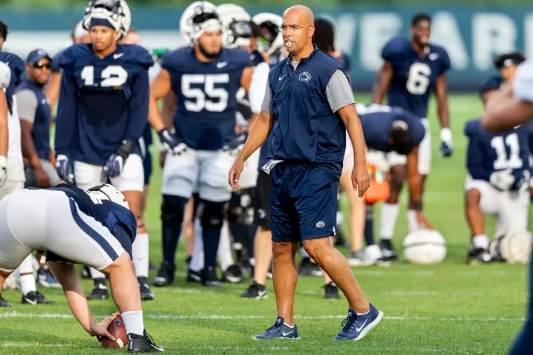 Penn State coach James Franklin watches the NCAA college football team's practice Wednesday, Aug. 28, 2019, in State College, Pa.