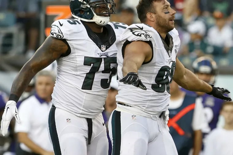 Vinny Curry (left). a defensive lineman in nickel packages, now also will back up outside linebackers Connor Barwin (right) and Brandon Graham.
