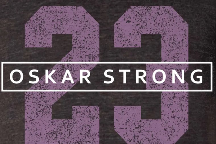 A close-up of the Oskar Strong logo on T-shirts being sold to support Oskar Lindblom's fight against Ewing's sarcoma cancer.