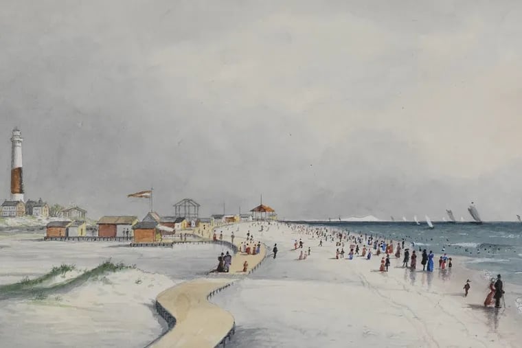 The first boardwalk laid along the beach of Atlantic City from Massachusetts Avenue South past N. York Avenue, watercolor by David J. Kennedy (1874).
