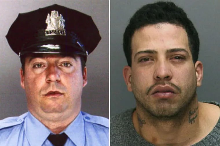 Philadelphia Police Officer Edward Davies (left) and defendant Eric Torres, who is accused of shooting and wounding Davies during a 2013 struggle inside a Feltonville bodega.