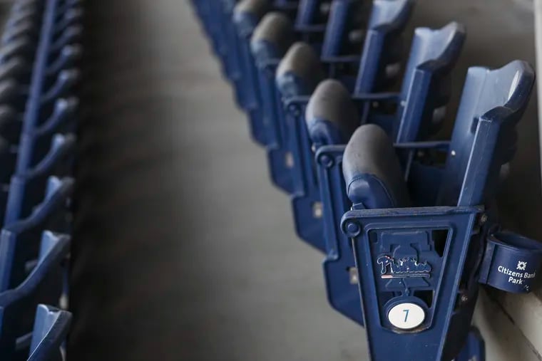 Dust and dirt is seen on the chairs at Citizens Bank Park in Philadelphia on July 8.