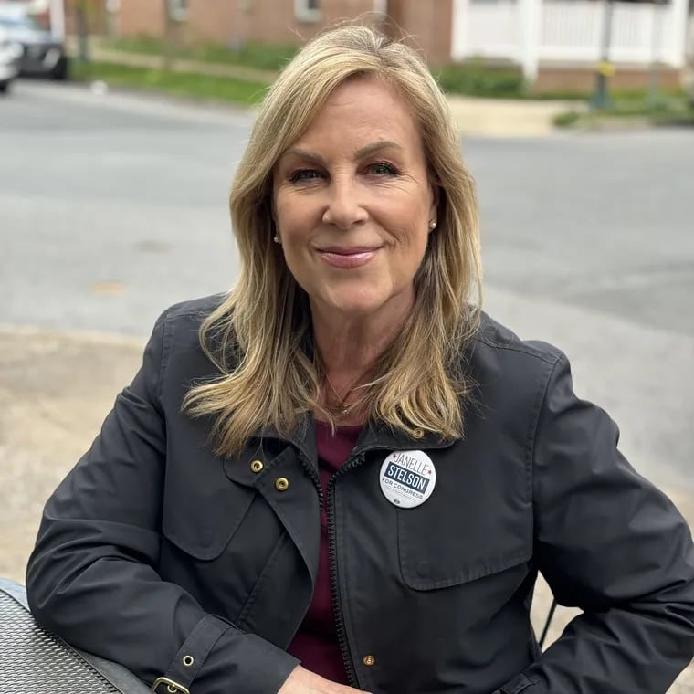 Janelle Stelson sits outside Alvaro Bread and Pastry Shoppe in Harrisburg on Wednesday, April 24, 2024, the day after winning the primary election.