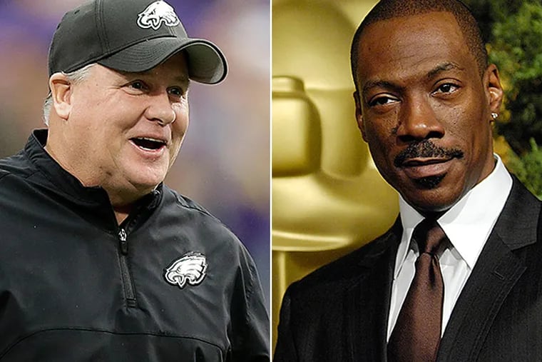 Eagles coach Chip Kelly and actor Eddie Murphy (AP Photos)