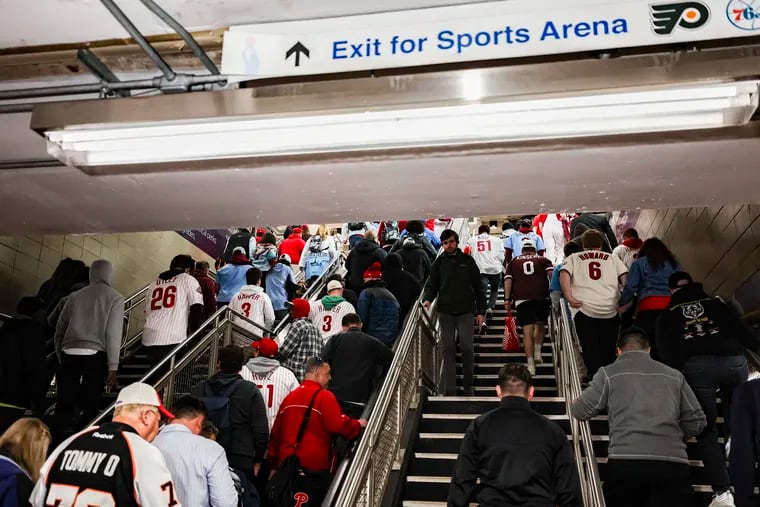 Fans of the Flyers, Phillies, and Mexico and Germany soccer teams exit the Broad Street Line towards the Philadelphia stadiums on Tuesday, Oct. 17, 2023.