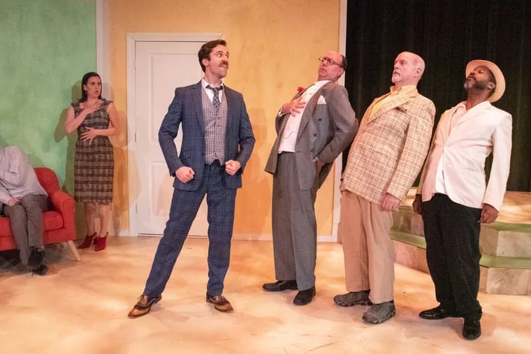 The cast of "One Man, Two Guvnors," through June 30 at Quintessence Theatre Company.