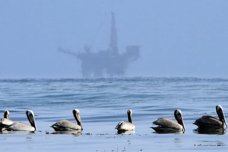File photo, offshore oil platform off Santa Barbara.  New Jersey’s incoming governor, Phil Murphy, says he will fight  a Trump administration plan to vastly expand offshore drilling that could open up waters off the coast of New Jersey.  (AP Photo/Mark J. Terrill, File)