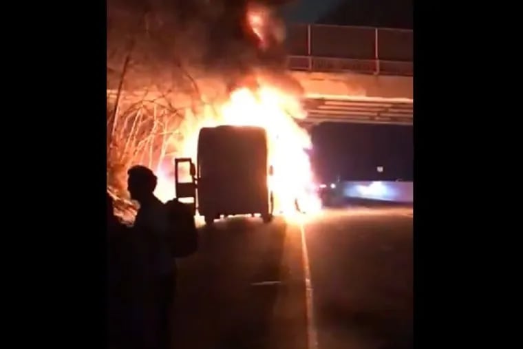 Image from video recorded by Dominic King of a bus fire Friday night on the Schuylkill Expressway.