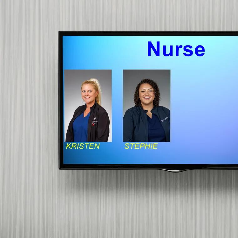 The screen at the Penn Presbyterian Medical Center emergency department that shows the names of staffers on shift as part of the Know My Name project.