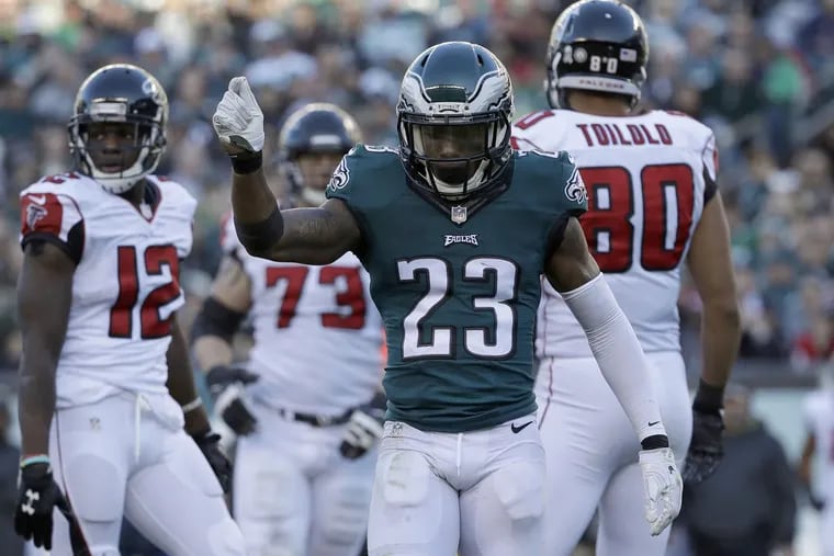 Eagles' free safety Rodney McLeod raises his fist during last season’s win against the Falcons in Philadelphia.
