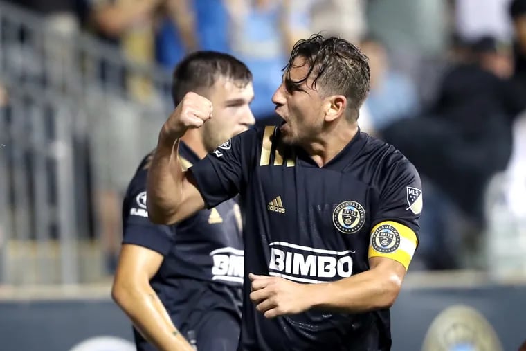 Alejandro Bedoya, right, of the Philadelphia Union celebrates his goal against the New York City Football Club on Wednesday. It was the only goal of the match.