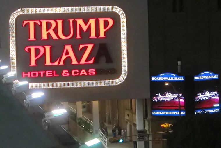Burned-out lights in the illuminated facade of Trump Plaza Hotel & Casino in Atlantic City. Trump Plaza is the fourth Atlantic City casino to go out of business so far this year.