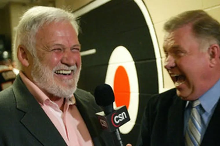 Steve Coates (right), pictured here talking with Bernie Parent, was always one to deliver a good chuckle while on the air.