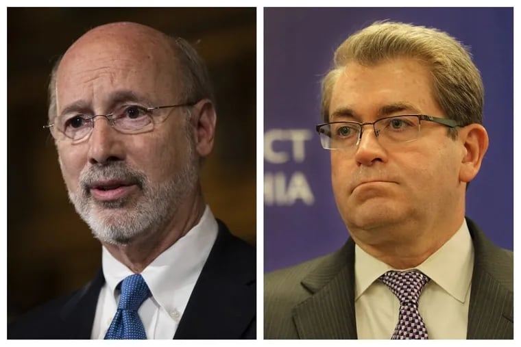 A spokesman for Gov. Tom Wolf (left) says members of the School Reform Commission can’t run for any political office. Commissioner Bill Green (right) disagrees.