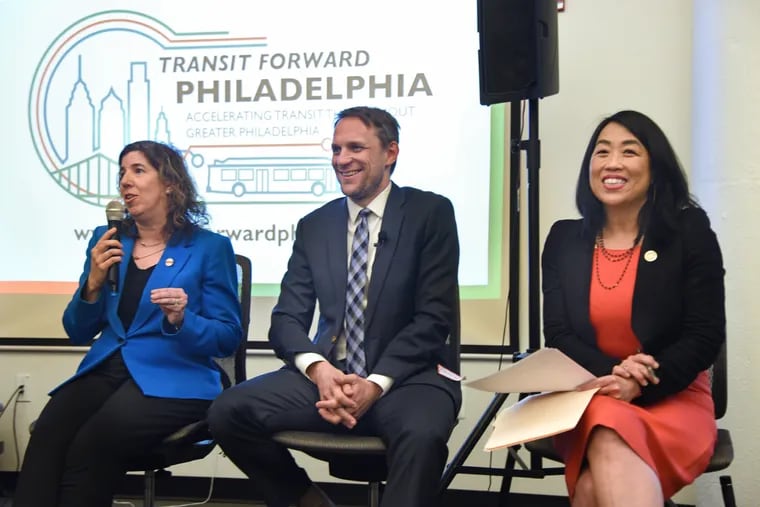 Transit Forward Philadelphia, the region's new transit advocacy coalition, official launches with a Q&A panel March, 5, 2020. On the panel is SEPTA General Manager Leslie Richards (left); Chris Puchalsky (center), director of policy and strategic initiatives at the city Office of Transportation, Infrastructure, and Sustainability; and Councilmember Helen Gym (right).