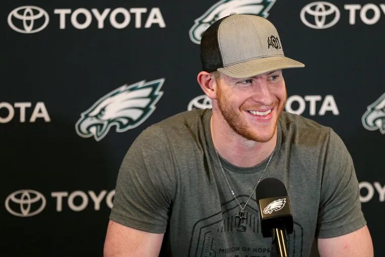 Eagles quarterback Carson Wentz speaks during a news conference at the NovaCare Complex in South Philadelphia on Tuesday, April 17, 2018. 