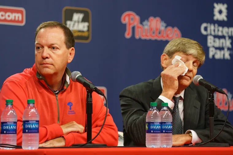 Phillies executive vice president David Buck, left, and managing partner John Middleton reflect on the life and legacy of chairman David Montgomery at Citizens Bank Park on Wednesday.