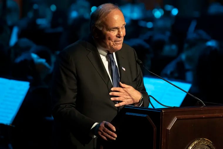 Former Governor Ed Rendell, speak at the podium, during the Gerry Lenfest's legacy celebration at the Academy of Music in Philadelphia, Pa. Wednesday, October 17, 2018.