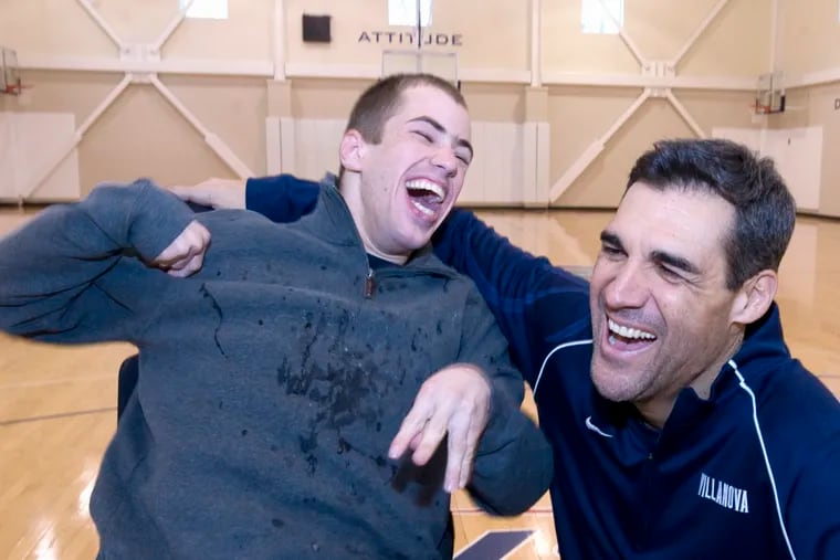 Villanova coach Jay Wright laughs after Wright tried to "bust" Frank Kineavy about all the media attention Frank has been receiving because of the documentary movie he starred in. Frank Kineavy was a manager of Villanova's men's and women's basketball teams, he has cerebral palsy.
