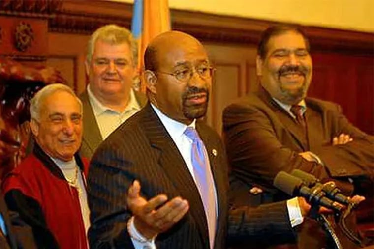 Mayor Michael Nutter (center) is joined in 2009 by George Badey (left) of Save the Mummers; Geno's Steaks owner Joey Vento (second from left); U.S. Rep. Bob Brady (rear) and John Pignotti (right) past president of the Philadelphia Mummers String Band Association, at a press conference. ( Tom Gralish / Staff Photographer )