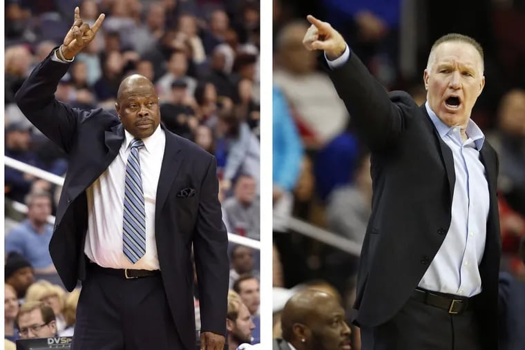 FILE – These file photos show Georgetown coach Patrick Ewing, left, on Nov. 12, 2017, and St. John’s coach Chris Mullin on Dec. 31, 2017. In a throwback to their Big East days of the 1980s, Ewing and Mullin squared off as coaches of their alma maters when Georgetown played St. John’s on Tuesday, Jan. 9, 2018. Ewing, a former Knicks great, is returning to Madison Square Garden for the first time as the Hoyas’ coach. (AP Photos/File)