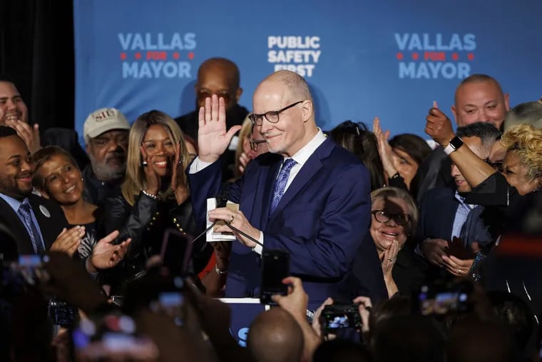Former Philadelphia Public Schools CEO Paul Vallas speaks with supporters after forcing a mayoral runoff election during his election night gathering at City Hall Events on Tuesday.