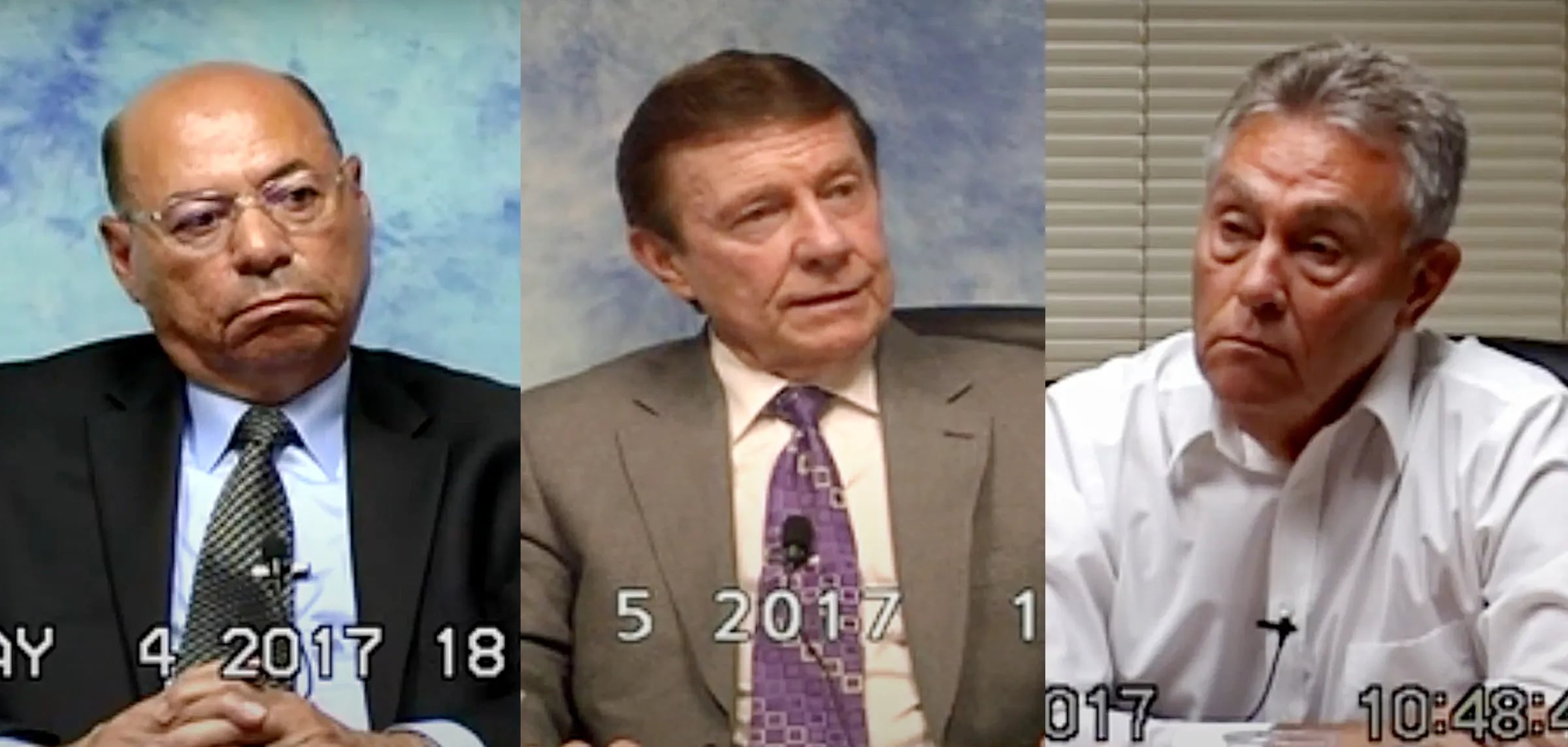 THE CASE THAT COLLAPSED Retired homicide detectives Manuel Santiago, Martin Devlin, and Frank Jastrzembski are seen in screen grabs from video of their 2017 depositions. 